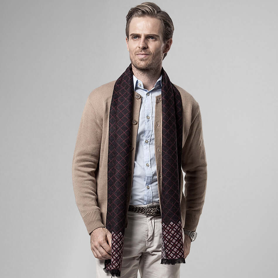 Man wearing a Classic Plaid Warm Scarf, perfect for cold weather, combining warmth and fashionable style for winter.