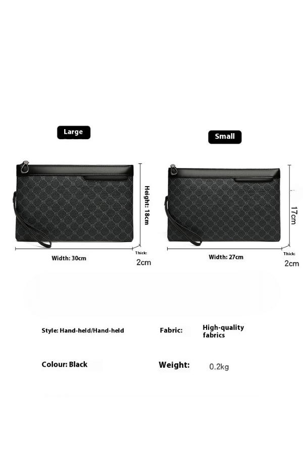 Black clutch hand bag in large and small sizes, featuring durable PU material, perfect for everyday use and versatile wardrobe addition.