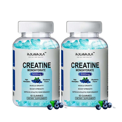 Creatine Monohydrate Gummies in blueberry flavor, 5000mg, high absorption, dietary supplement, 60 gummies per bottle.