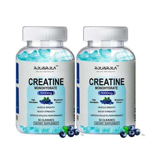 Creatine Monohydrate Gummies in blueberry flavor, 5000mg, high absorption, dietary supplement, 60 gummies per bottle.