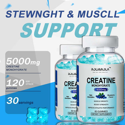 Creatine Monohydrate Gummies supplement bottles with blueberry flavor, promoting muscle support and strength enhancement.