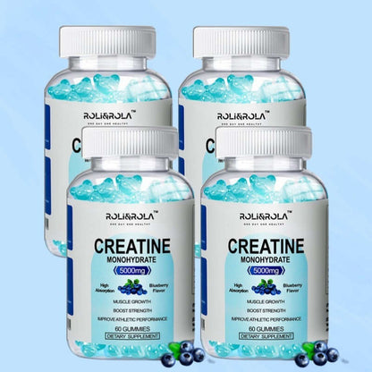 Four bottles of Creatine Monohydrate Gummies, 5000mg, blueberry flavor, dietary supplement for improved athletic performance.