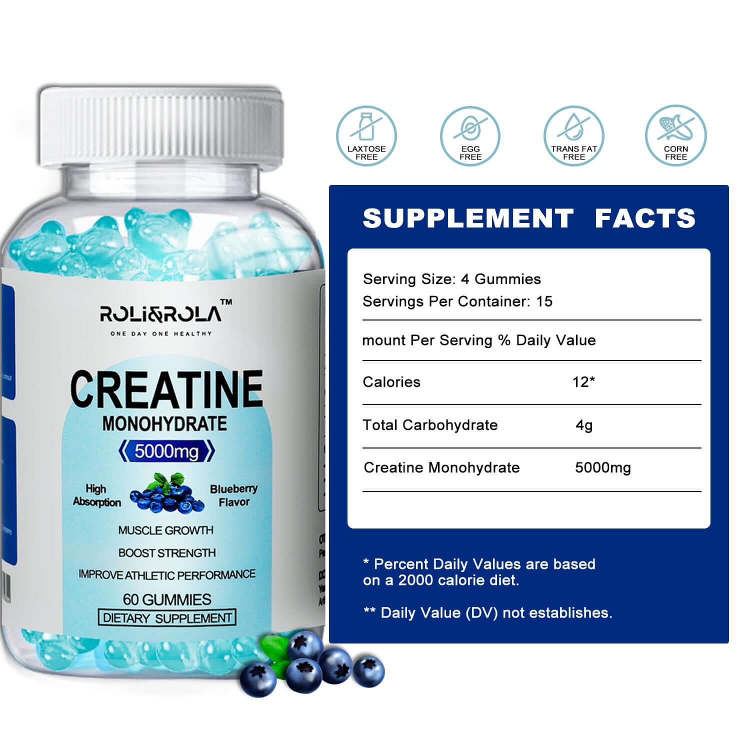 Creatine Monohydrate Gummies bottle showcasing nutrition facts and blueberry flavor, designed for muscle growth and athletic performance.