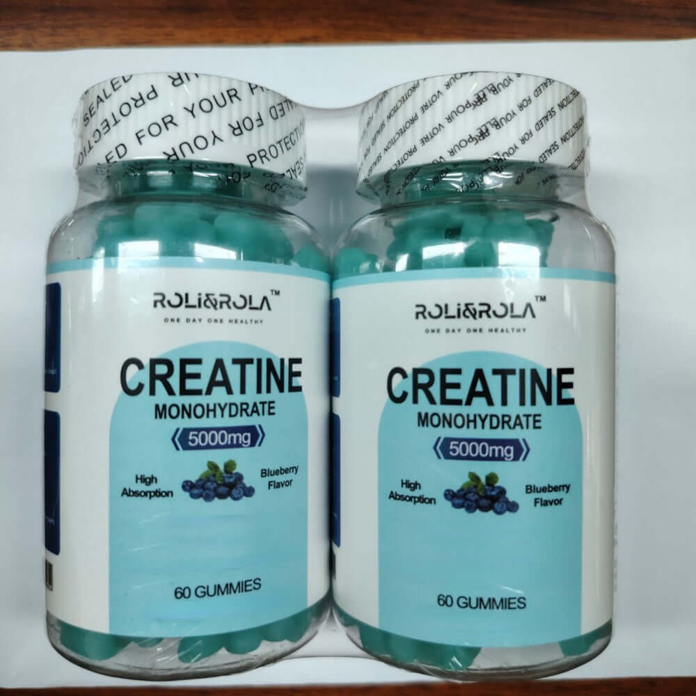 Creatine Monohydrate Gummies by Rollirola in blueberry flavor; two bottles with 60 gummies for muscle health and performance.