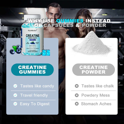 Comparison of Creatine Monohydrate Gummies and Powder, highlighting taste, digestibility, and convenience.