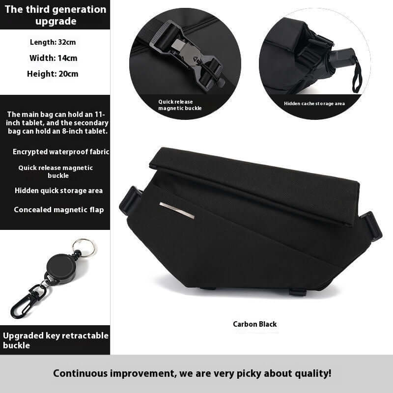 Crossbody Multifunctional Bag in Carbon Black with magnetic buckle and hidden storage features, perfect for modern practicality.