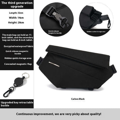Crossbody Multifunctional Bag in Carbon Black with magnetic buckle and hidden storage features, perfect for modern practicality.