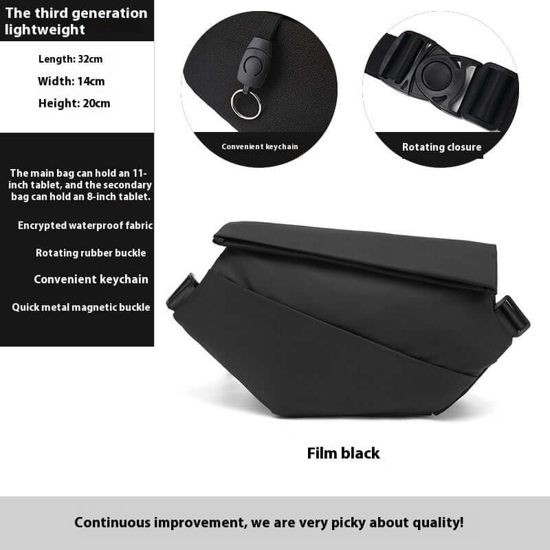 Crossbody Multifunctional Bag in film black, featuring waterproof fabric, rotating buckle, and keychain, ideal for tablets.