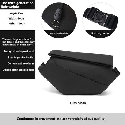 Crossbody Multifunctional Bag in film black, featuring waterproof fabric, rotating buckle, and keychain, ideal for tablets.