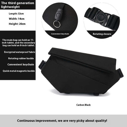 Crossbody Multifunctional Bag in Carbon Black with rotating buckle, ideal for tablets; secure, waterproof fabric.