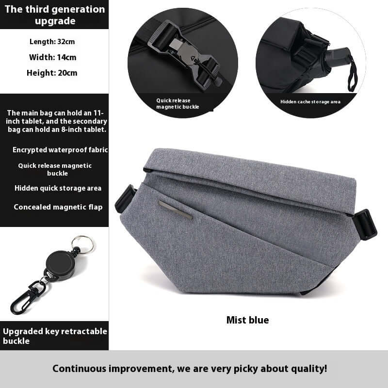 Mist Blue Crossbody Multifunctional Bag with sleek design, magnetic buckle, and retractable key ring. Dimensions: 32x14x20cm.