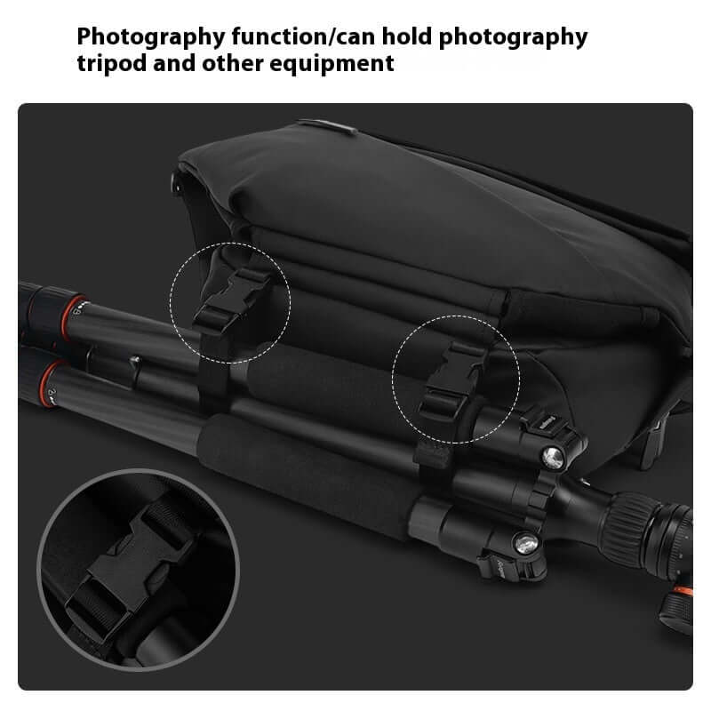 Close-up of Crossbody Multifunctional Bag with tripod attachment feature, showcasing sleek design and durable straps.