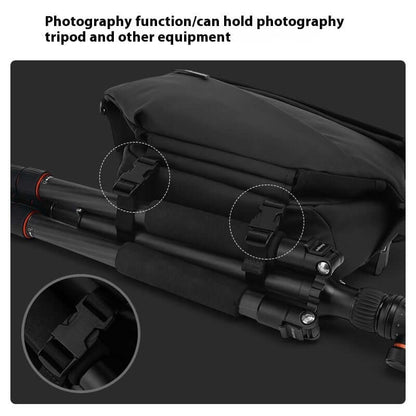 Close-up of Crossbody Multifunctional Bag with tripod attachment feature, showcasing sleek design and durable straps.