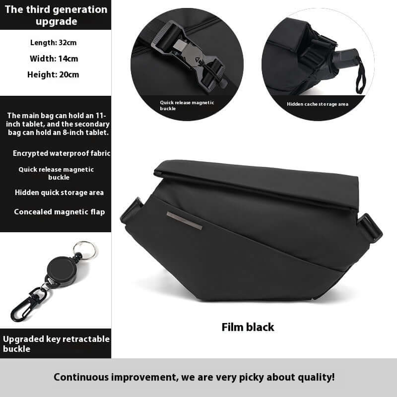 Film Black Crossbody Multifunctional Bag with quick-release magnetic buckle and hidden storage, perfect for tablets.