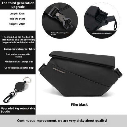Film Black Crossbody Multifunctional Bag with quick-release magnetic buckle and hidden storage, perfect for tablets.
