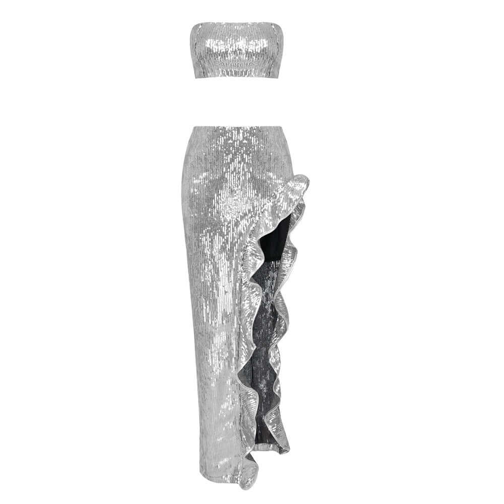 Silver Sequin Bra and Skirt Set, elegant polyester outfit, perfect for events, catch the light with its solid color, available in XS-L.