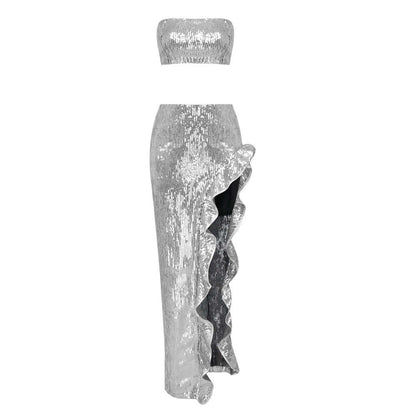 Silver Sequin Bra and Skirt Set, elegant polyester outfit, perfect for events, catch the light with its solid color, available in XS-L.