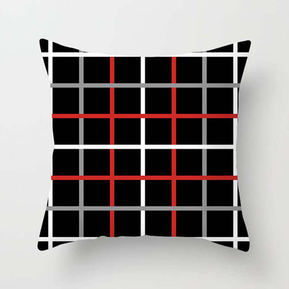 Decorative pillow for sofa featuring a modern plaid design in black, red, and gray for stylish home decor.