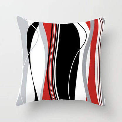 Decorative Pillows for Sofa featuring abstract red, black, and white wavy patterns.