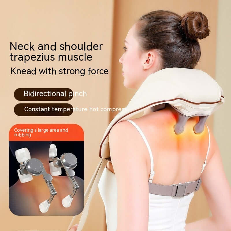 Alt Tag: Woman using a Deep Kneading Massager on neck and shoulders with heat and bidirectional pinch technology for relaxation.