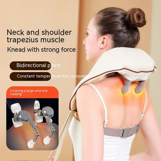 Alt Tag: Woman using a Deep Kneading Massager on neck and shoulders with heat and bidirectional pinch technology for relaxation.