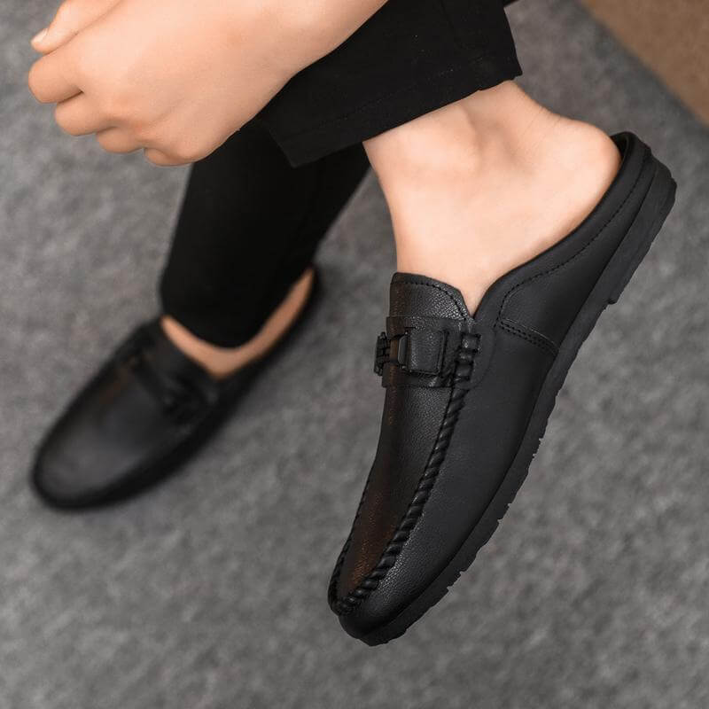 Black open heel loafers for men featuring viscose sole and rubber material, designed for durability and elegance in sizes 39-44.
