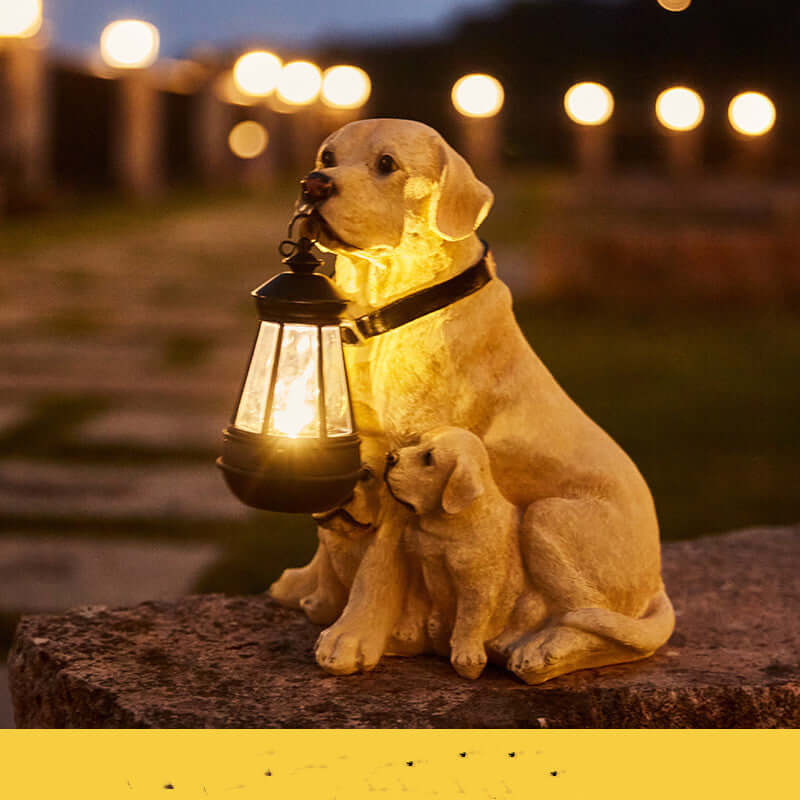Dog Statue Solar Lamp illuminating garden with warm glow, featuring charming dog design for outdoor decoration and landscape enhancement.