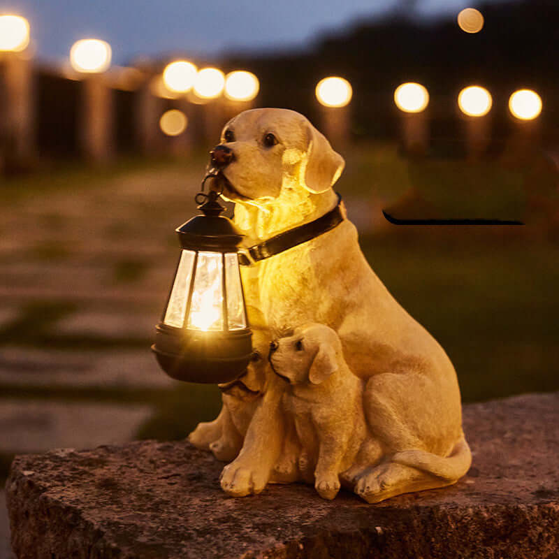 Charming Dog Statue Solar Lamp illuminating a garden with a warm glow, perfect for adding character to outdoor spaces.