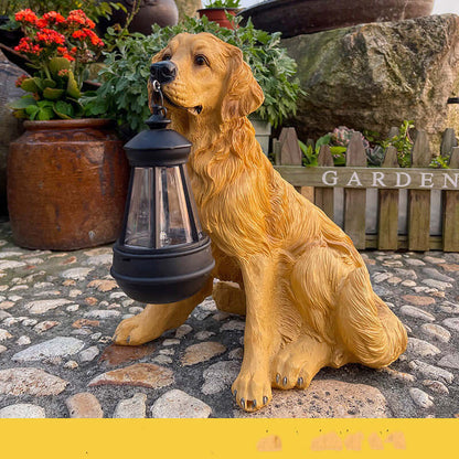 Charming Dog Statue Solar Lamp adding warm glow and character to a garden scene with plants and cobblestone path.