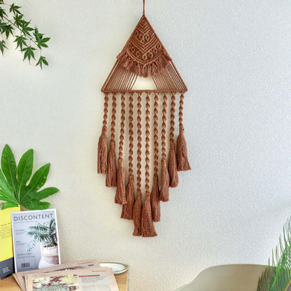 Triangle macrame dream catcher home decor with tassels, adding charm and tranquility to any living space.