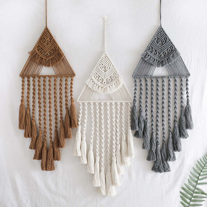 Elegant Dream Catcher Home Decor featuring three macrame wall hangings in brown, white and gray.