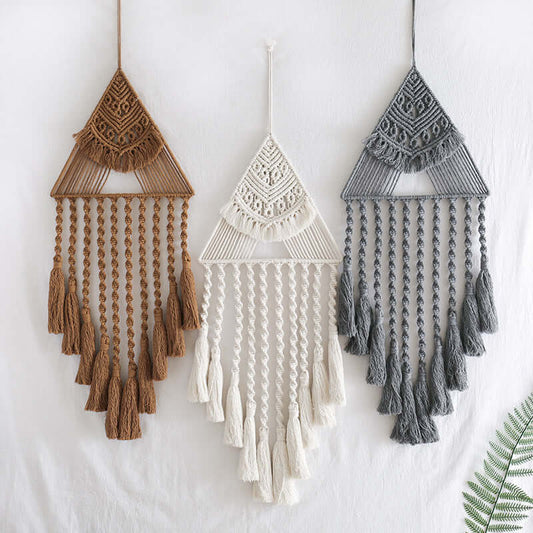 Elegant Dream Catcher Home Decor featuring three macrame wall hangings in brown, white and gray.