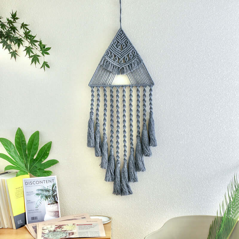 Dream Catcher Home Decor featuring a gray woven design with decorative tassels, perfect for enhancing living spaces.