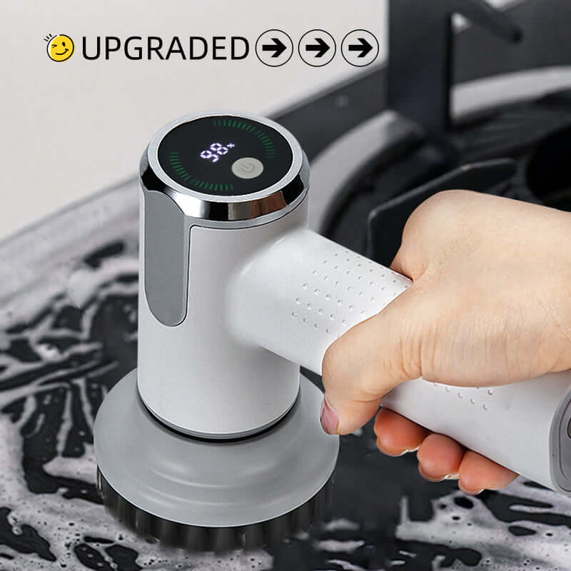 User holding an upgraded Electric Cleaning Brush, showcasing its digital display while cleaning a surface.