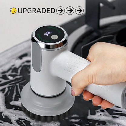 User holding an upgraded Electric Cleaning Brush, showcasing its digital display while cleaning a surface.