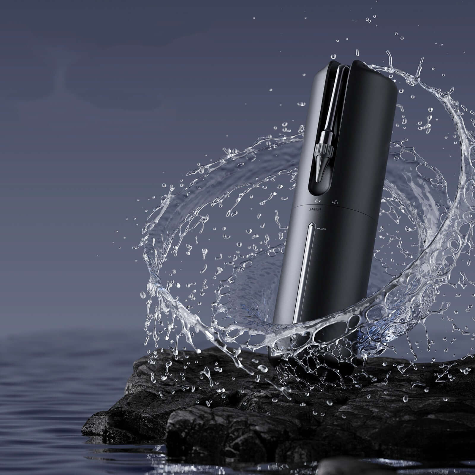 Electric Ear Wash Cleaning Tool with water splash, innovative ear hygiene device on rocky surface, ideal for maintaining ear health.