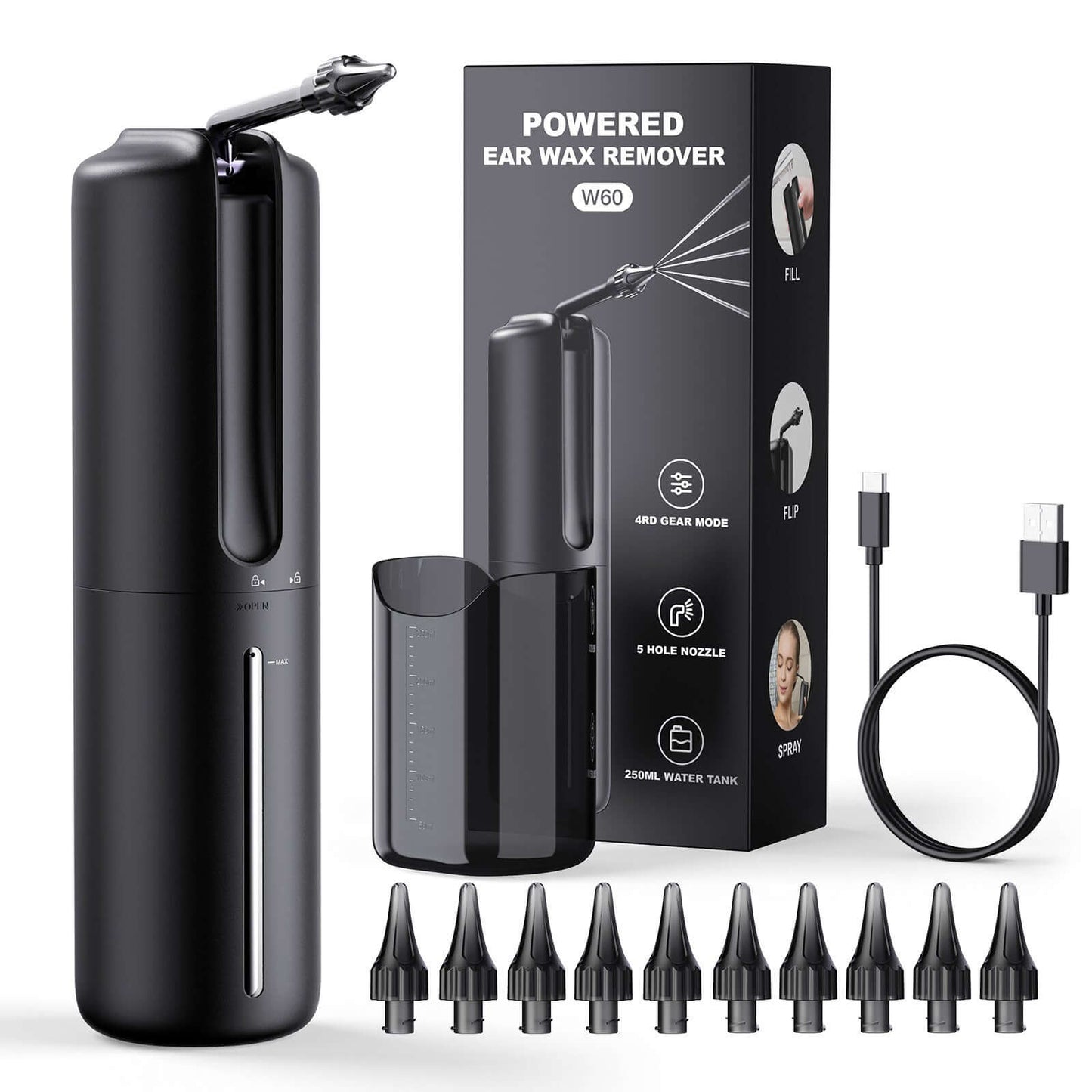 Electric Ear Wash Cleaning Tool with multiple nozzles and USB cable, ideal for efficient ear wax removal.