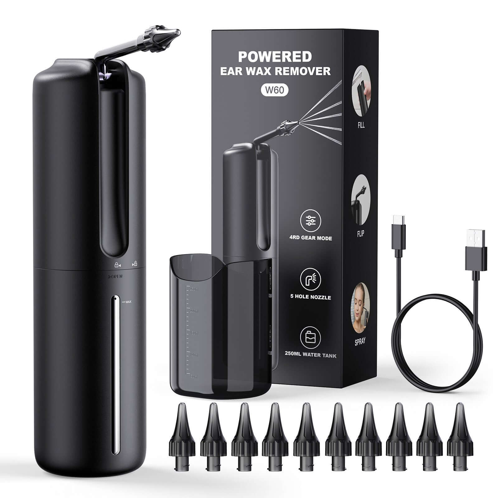 Electric Ear Wash Cleaning Tool with multiple nozzles and USB cable, ideal for efficient ear wax removal.