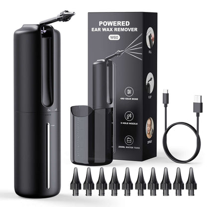 Electric Ear Wash Cleaning Tool with multiple nozzles and USB charging cable for effective ear wax removal.