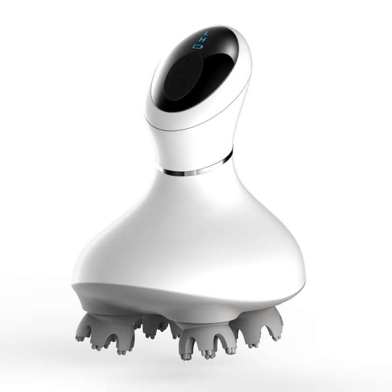 Sleek Electric Massager for Head with ergonomic white design for relaxation and comfort, featuring durable ABS and rubber materials.