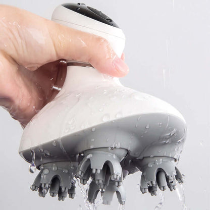 Hand holding an Electric Massager for Head, showcasing its water-resistant design with multiple massaging nodes.