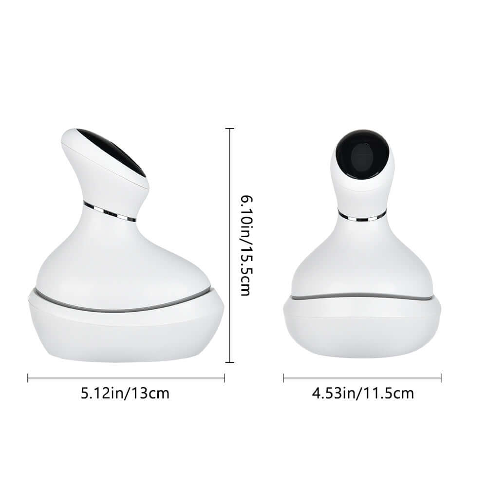 Electric Massager for Head, durable and lightweight, made from ABS and rubber, shown in two dimensions with size details.