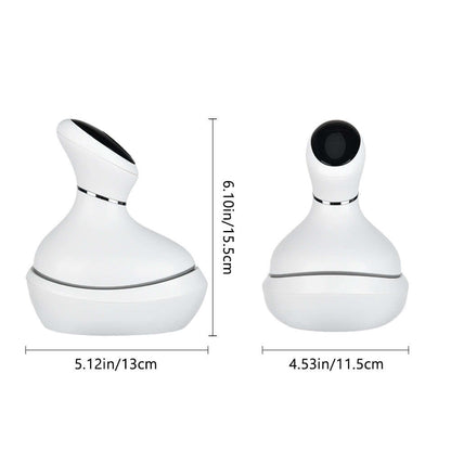 Electric Massager for Head, durable and lightweight, made from ABS and rubber, shown in two dimensions with size details.