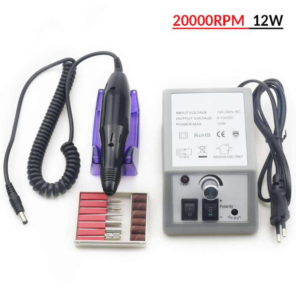 Professional electric manicure drill set with adjustable speed, featuring 20000 RPM power and 12W efficiency for precise nail care.