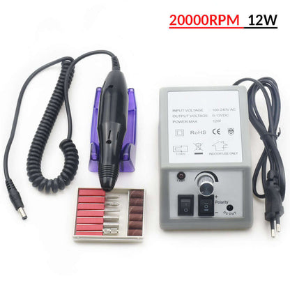 Professional electric manicure drill set with adjustable speed, featuring 20000 RPM power and 12W efficiency for precise nail care.