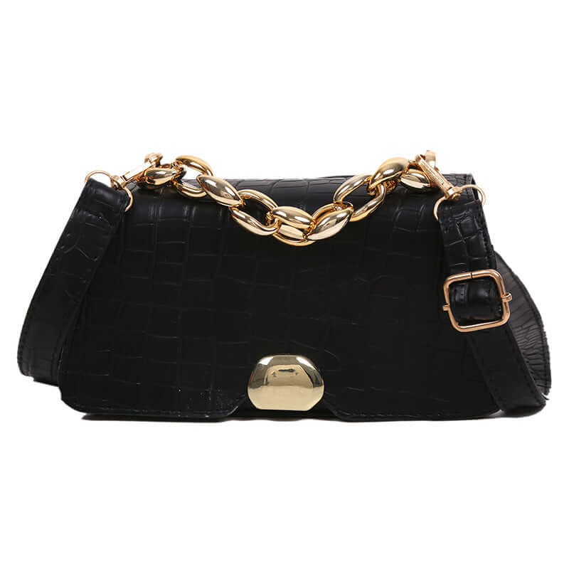 Black Crossbody Messenger Bag Purse with gold chain strap, made from high-quality PU material, perfect for ladies on the go.