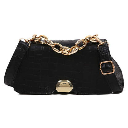 Black Crossbody Messenger Bag Purse with gold chain strap, made from high-quality PU material, perfect for ladies on the go.