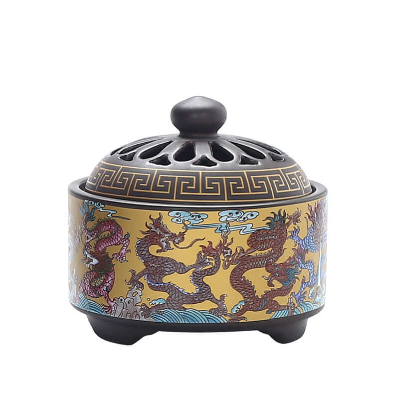 Elegant ceramic incense burner featuring intricate dragon designs and a decorative lid, perfect for home decor.