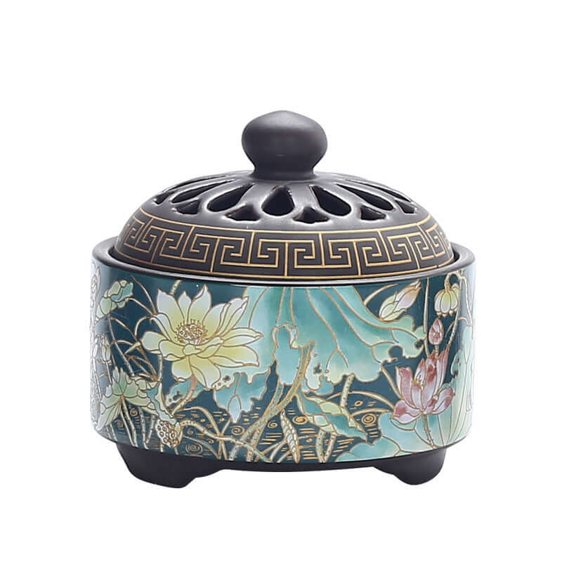 Elegant handcrafted ceramic incense burner with floral design and intricate detailing, perfect for home decor.