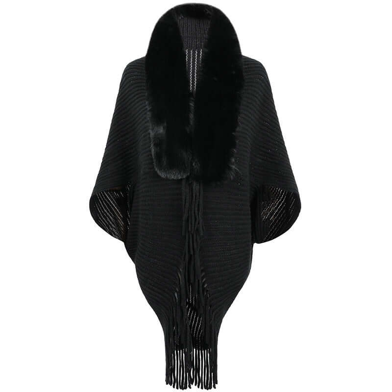 Stylish Fur Jacket Shawl in black, featuring a fur collar and elegant fringe detail, perfect for women's fashion.